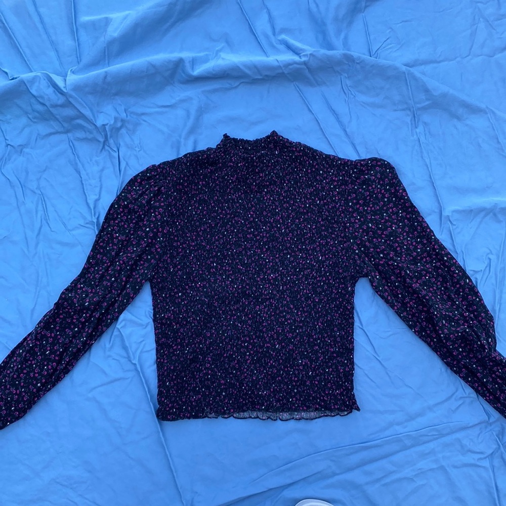 Black floral mock neck shirt